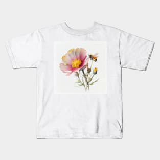 Watercolor of pink wildflower and single bumble bee Kids T-Shirt